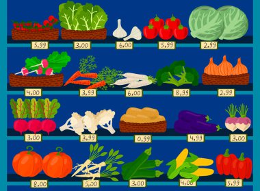 Rafları ve fiyatları olan sebze pazarı. Eko süpermarket, olgun, sağlıklı, organik bakkal. Vektör illüstrasyonu