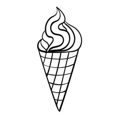 Beyaz arkaplandaki gözleme külahında gül olan siyah ince çizgi dondurma. Vektör illüstrasyonu.