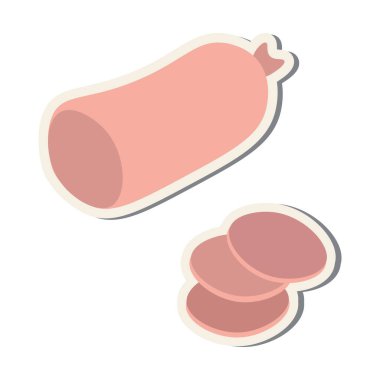 Sosis etiketi. Sosis etiketi dilimleri. Sosis beyaz arka planda izole edilmiş. Logo, etiket.