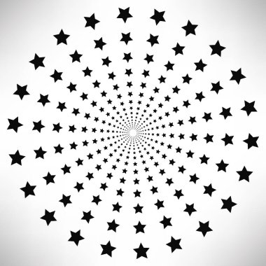 Yıldız yuvarlak elementler, yarım ton ışınları beyaz arka planda izole edilmiş. Siyah logo. Geometrik şekiller. Vektör illüstrasyonu.