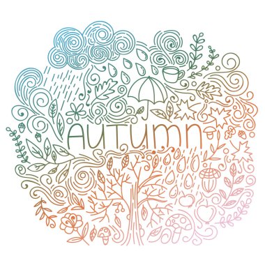 Sonbahar kartpostalı. Renkli gradyan. Kelime sonbaharı, çiçek elementleri, yağmur bulutu ve damlalar, ağaç düşüşü, meşe palamudu, şemsiye, mantar, kıvrımlı hatlar. Vektör illüstrasyonu. 