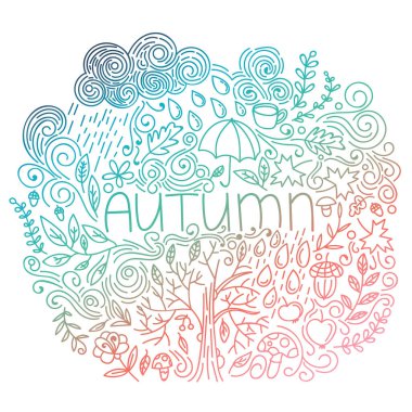 Sonbahar kartpostalı. Renkli gradyan. Kelime sonbaharı, çiçek elementleri, yağmur bulutu ve damlalar, ağaç düşüşü, meşe palamudu, şemsiye, mantar, kıvrımlı hatlar. Vektör illüstrasyonu. 
