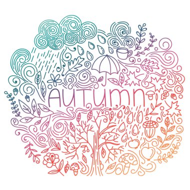 Sonbahar kartpostalı. Renkli gradyan. Kelime sonbaharı, çiçek elementleri, yağmur bulutu ve damlalar, ağaç düşüşü, meşe palamudu, şemsiye, mantar, kıvrımlı hatlar. Vektör illüstrasyonu. 