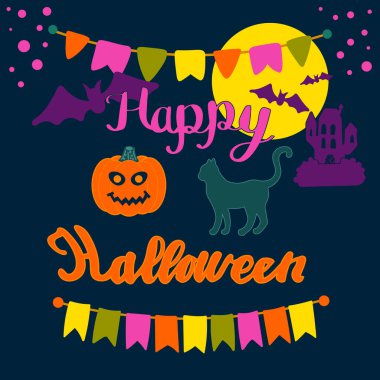 İçinde kedi, çelenk, harf, balkabağı, kale ve beyaz arka planda izole edilmiş ay olan renkli Cadılar Bayramı tebrik kartı. Vektör illüstrasyonu.