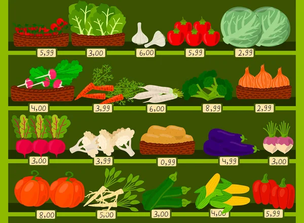 Groenten Markt Met Planken Prijzen Eco Supermarkt Rijpe Gezonde Biologische — Stockvector