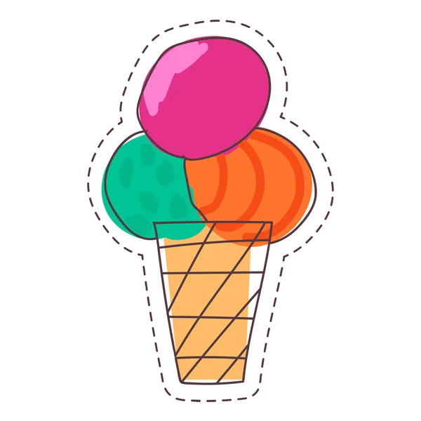 ブラックカウンターが点在するワッフルカップに ボールオレンジのピスタチオグリーンの3色のパープルでカラフルなアイスクリームを手描き 無料のハンドステッカーポスターカードTシャツグラフィック — ストックベクタ