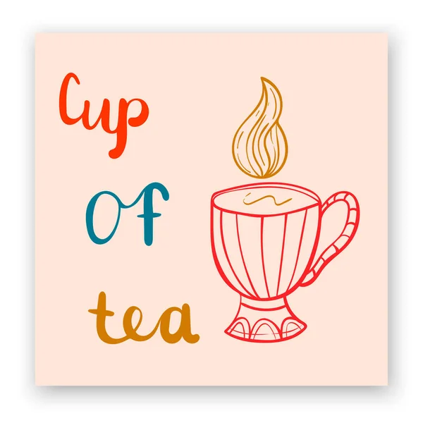 パステルピンクの背景にお茶の文字やカップでかわいいポストカード ベクターイラスト — ストックベクタ