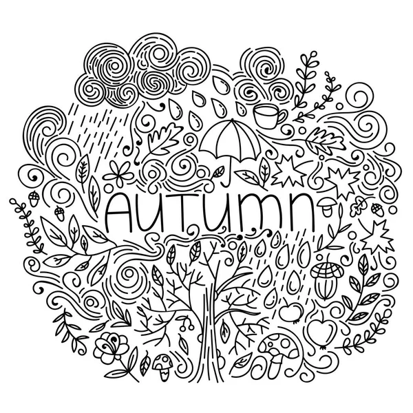 Schwarz Weiße Lineare Herbst Postkarte Dünne Linie Doodle Herbst Karte — Stockvektor