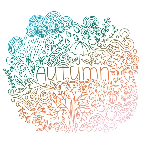 Sonbahar kartpostalı. Renkli gradyan. Kelime sonbaharı, çiçek elementleri, yağmur bulutu ve damlalar, ağaç düşüşü, meşe palamudu, şemsiye, mantar, kıvrımlı hatlar. Vektör illüstrasyonu. 