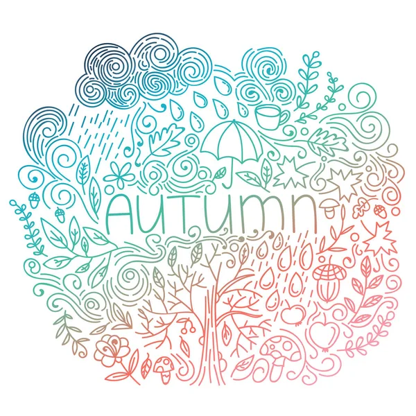 Sonbahar kartpostalı. Renkli gradyan. Kelime sonbaharı, çiçek elementleri, yağmur bulutu ve damlalar, ağaç düşüşü, meşe palamudu, şemsiye, mantar, kıvrımlı hatlar. Vektör illüstrasyonu. 