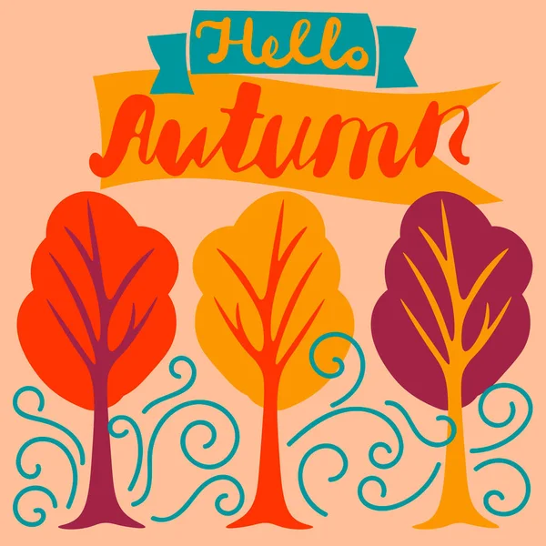 Niedliche Hallo Herbst Karte Mit Bäumen Wind Schriftzug Vektorillustration — Stockvektor