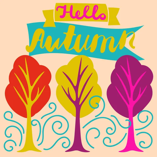 Ağaçlı, rüzgarlı, harfli şirin Hello Autumn kartı. Vektör illüstrasyonu.