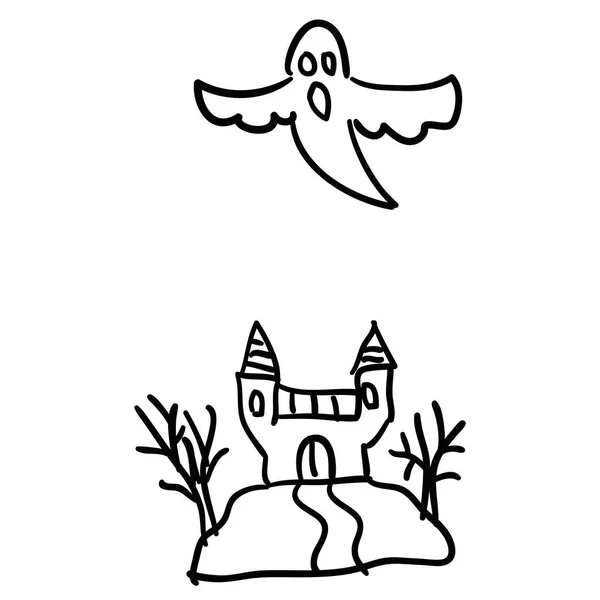 Cartoon Doodle Castello Lineare Fantasma Isolato Sfondo Bianco Illustrazione Vettoriale — Vettoriale Stock