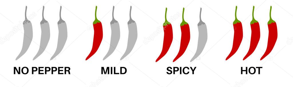 Spicy chili pepper level labels.  Spice marks, no pepper, mild, hot food. Asian and Mexican kitchen icons. Isolated vegetables. Vector illustration. 