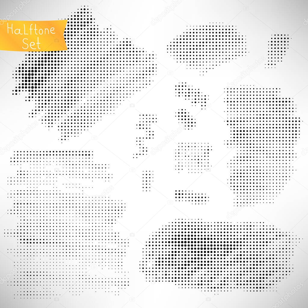 Set of black halftone elements, banners, textures isolated on white.  Dotted texture. Grunge dot elements. Vector illustration.