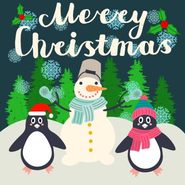 Mutlu noel tebrik kartı içinde şirin mutlu kardan adam, ladin ağaçları, penguenler, kutsal çilek, harfler. Vektör illüstrasyonu.