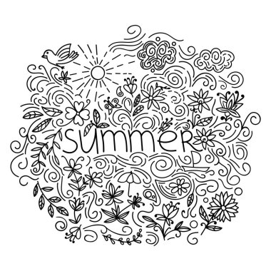 Yaz siyah eli beyaz arka planda izole edilmiş ince çizgili kartpostal çizdi. Summer 'la mevsimsel selamlaşma. Çiçek, çiçek, güneş, kuş, bulutlar, yapraklar ve kıvrımlı çizgiler içeren bir karton. Vektör illüstrasyonu.