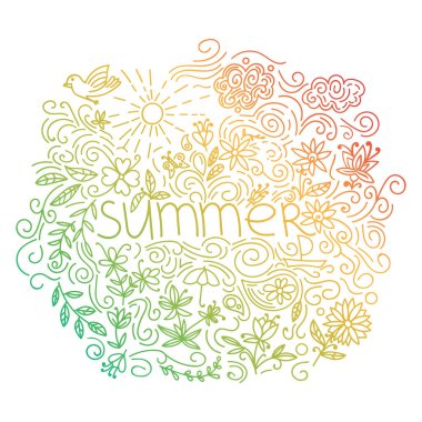 Yaz kartpostalı. Çiçek, çiçek, güneş ve kıvrımlı çizgiler içeren bir karton. Vektör illüstrasyonu.