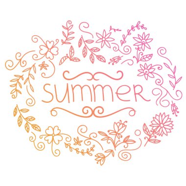 Yaz kartpostalı. Çiçek, çiçek, güneş ve kıvrımlı çizgiler içeren bir karton. Vektör illüstrasyonu.