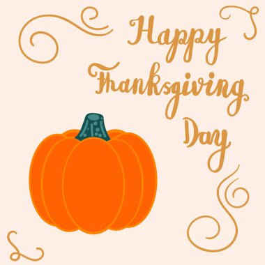 Altın harfli ve bej arkaplanlı balkabaklı Şükran Günü kartın kutlu olsun. Vektör illüstrasyonu.