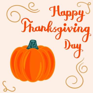 Altın harfli ve bej arkaplanlı balkabaklı Şükran Günü kartın kutlu olsun. Vektör illüstrasyonu.