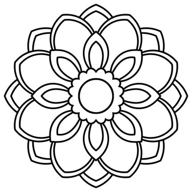 Süslü, yuvarlak karalama çiçeği beyaz arka planda izole edilmiş. Siyah hatlı mandala. Geometrik daire elementi. Vektör illüstrasyonu.