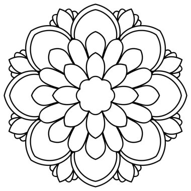 Siyah çizgili çiçek mandala. Beyaz arkaplanda izole edilmiş boyama kitabı için karalama yuvarlak dekoratif öğe. Çiçekli geometrik çember. Vektör illüstrasyonu.