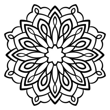 Beyaz arka planda izole edilmiş siyah, yuvarlak karalama çiçeği. Ana hatlarıyla Mandala. Geometrik daire elementi. Vektör illüstrasyonu.