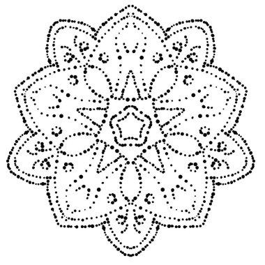 Noktalı Mandala. Süslü, yuvarlak karalama çiçeği beyaz arka planda izole edilmiş. Geometrik daire elementi. Vektör illüstrasyonu.