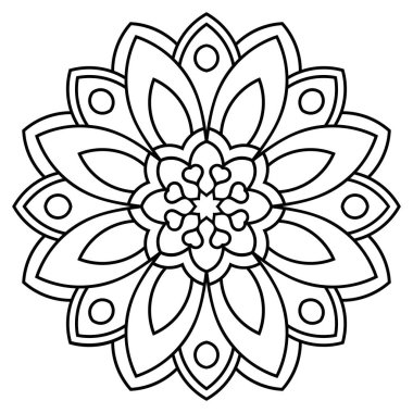 Ana hatlarıyla Mandala. Süslü, yuvarlak karalama çiçeği beyaz arka planda izole edilmiş. Geometrik daire elementi. Vektör illüstrasyonu. 