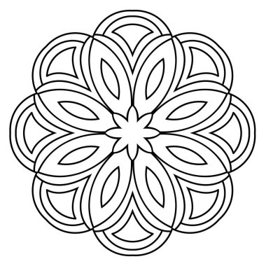 Ana hatlarıyla Mandala. Süslü, yuvarlak karalama çiçeği beyaz arka planda izole edilmiş. Geometrik daire elementi. Vektör illüstrasyonu. 