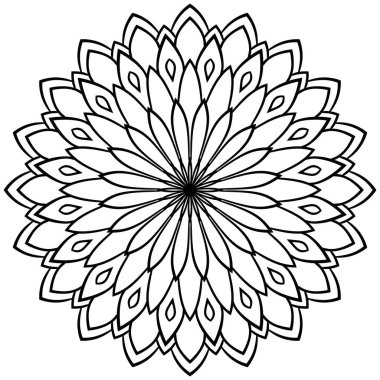 Ana hatlarıyla Mandala. Süslü, yuvarlak karalama çiçeği beyaz arka planda izole edilmiş. Geometrik daire elementi. Vektör illüstrasyonu.