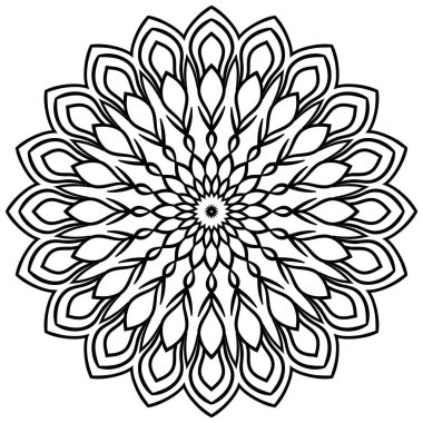 Ana hatlarıyla Mandala. Süslü, yuvarlak karalama çiçeği beyaz arka planda izole edilmiş. Geometrik daire elementi. Vektör illüstrasyonu.