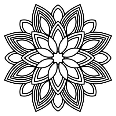 Ana hatlarıyla Mandala. Süslü, yuvarlak karalama çiçeği beyaz arka planda izole edilmiş. Geometrik daire elementi. Vektör illüstrasyonu.