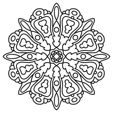 Ana hatlarıyla Mandala. Süslü, yuvarlak karalama çiçeği beyaz arka planda izole edilmiş. Geometrik daire elementi. Vektör illüstrasyonu.