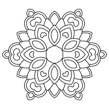 Ana hatlarıyla Mandala. Süslü, yuvarlak karalama çiçeği beyaz arka planda izole edilmiş. Geometrik daire elementi. Vektör illüstrasyonu.