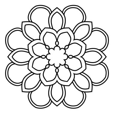 Ana hatlarıyla Mandala. Süslü, yuvarlak karalama çiçeği beyaz arka planda izole edilmiş. Geometrik daire elementi. Vektör illüstrasyonu. 