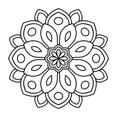  Ana hatlarıyla Mandala. Süslü, yuvarlak karalama çiçeği beyaz arka planda izole edilmiş. Geometrik daire elementi. Vektör illüstrasyonu. 