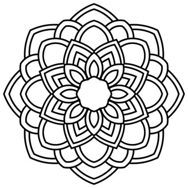 Süslü, yuvarlak karalama çiçeği beyaz arka planda izole edilmiş. Siyah hatlı mandala. Geometrik daire elementi. Vektör illüstrasyonu.