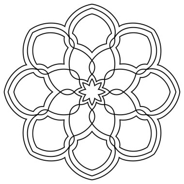 Süslü, yuvarlak karalama çiçeği beyaz arka planda izole edilmiş. Siyah hatlı mandala. Geometrik daire elementi. Vektör illüstrasyonu.