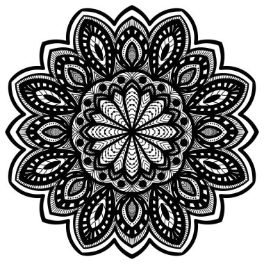 Siyah çizgili çiçek mandala. Klasik dekoratif unsur. Süslü, yuvarlak karalama çiçeği beyaz arka planda izole edilmiş. Geometrik daire elementi. Vektör illüstrasyonu.