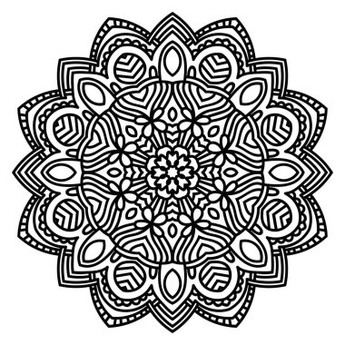 Siyah çizgili çiçek mandala. Klasik dekoratif unsur. Süslü, yuvarlak karalama çiçeği beyaz arka planda izole edilmiş. Geometrik daire elementi. Vektör illüstrasyonu.
