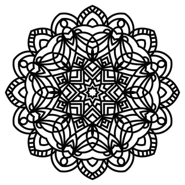 Siyah çizgili çiçek mandala. Klasik dekoratif unsur. Süslü, yuvarlak karalama çiçeği beyaz arka planda izole edilmiş. Geometrik daire elementi. Vektör illüstrasyonu.
