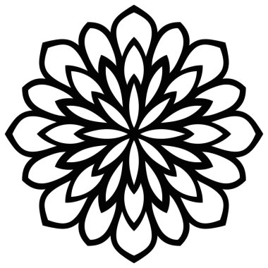 Boyama kitabı için basitleştirilmiş Mandala taslağı. Süslü, çiçekli, yuvarlak bir süs. Stres önleyici terapi kalıbı. Yoga ikonu, logo, meditasyon posteri için arka plan. Sıra dışı çiçek şekli. Vektör illüstrasyonu.