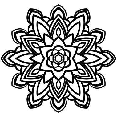 Siyah fantezi çiçeğinin en üst görüntüsü. Doğrusal çiçek şekli. Kocaman bir çiçek kafası. Süslü geometrik mandala beyaz arka planda izole edilmiş. Boyama kitabı için geometrik daire. Vektör illüstrasyonu.