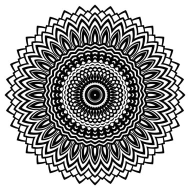 Boyama kitabı için Mandala 'yı özetle. Süslü çiçek mandala. Klasik dekoratif unsur. Süslü, yuvarlak karalama beyaz arka planda izole edilmiş. Geometrik daire elementi. Vektör illüstrasyonu.