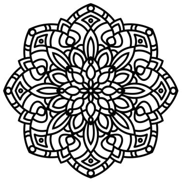 Etnik Mandala çiçeği. Doğu dekoratif ögesi beyaz arkaplanda izole edildi. Doğu motifi. Kına dairesi süsü. Boyama kitabı, tişört ve logo için oryantal el çizimi kart. Vektör illüstrasyonu. 