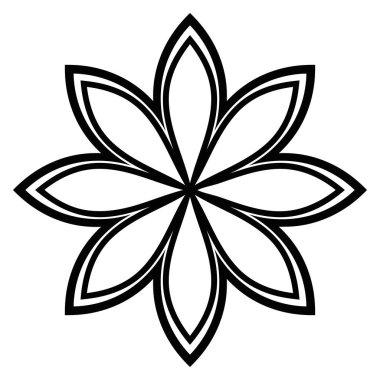 Siyah çizgili çiçek mandala. Klasik dekoratif unsur. Süslü, yuvarlak karalama çiçeği beyaz arka planda izole edilmiş. Geometrik daire elementi. Vektör illüstrasyonu.