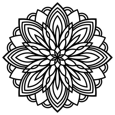 Siyah çizgili çiçek mandala. Klasik dekoratif unsur. Süslü, yuvarlak karalama çiçeği beyaz arka planda izole edilmiş. Geometrik daire elementi. Vektör illüstrasyonu.