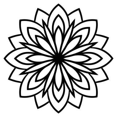 Siyah çizgili çiçek mandala. Klasik dekoratif unsur. Süslü, yuvarlak karalama çiçeği beyaz arka planda izole edilmiş. Geometrik daire elementi. Vektör illüstrasyonu.